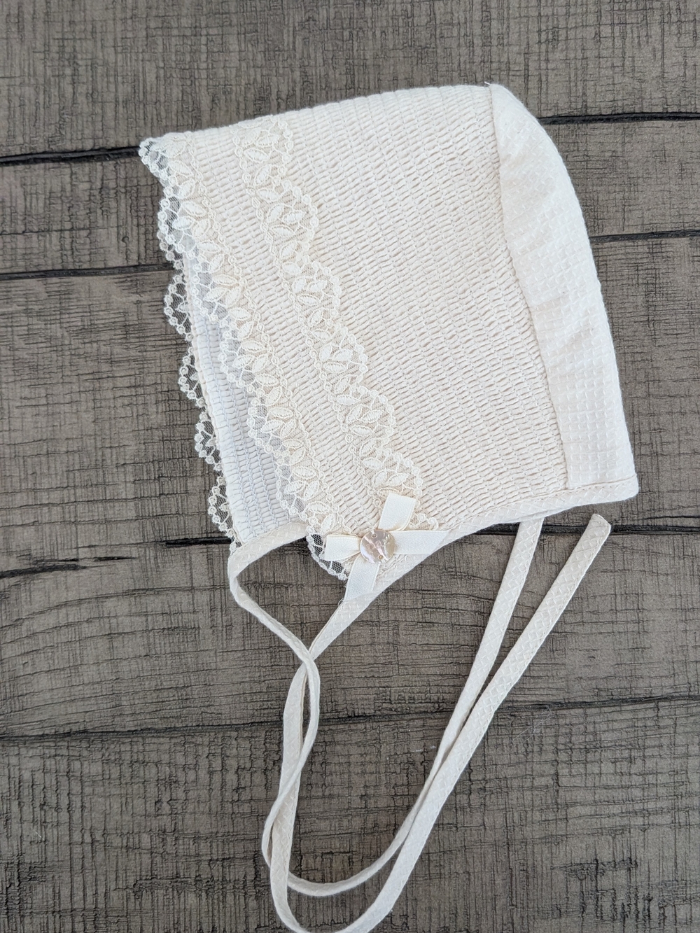 Pax Rodriguez Ivory Baby Bonnet with Lace Trim